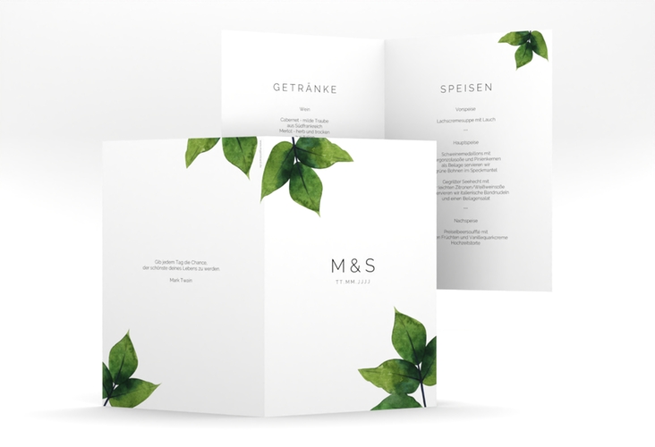 Menükarte Hochzeit Greenery A5 Klappkarte hoch hochglanz minimalistisch mit grünen Blättern