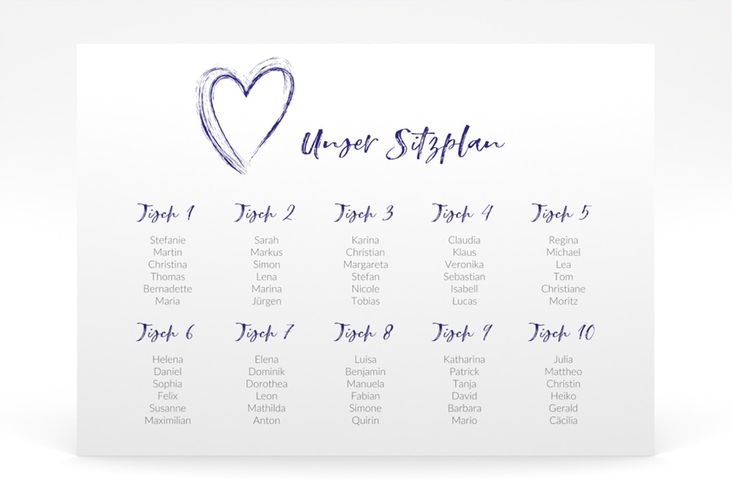 Sitzplan Poster Hochzeit Liebe 70 x 50 cm Poster blau