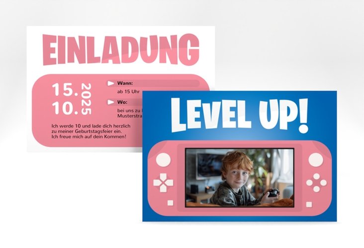 Einladungskarte Kindergeburtstag Gamepad A6 Karte quer rot hochglanz