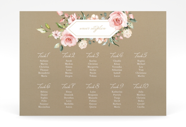 Sitzplan Poster Hochzeit Graceful 70 x 50 cm Poster Kraftpapier mit Rosenblüten in Rosa und Weiß