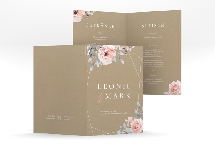 Menükarte Hochzeit Perfection A5 Klappkarte hoch Kraftpapier mit rosa Rosen