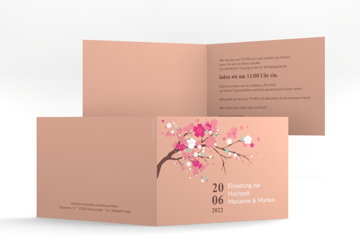 Hochzeitseinladung Sakura A6 Klappkarte quer apricot