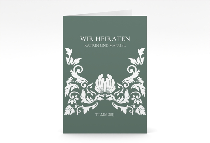 Einladungskarte Hochzeit Royal A6 Klappkarte hoch gruen mit barockem Blumen-Ornament