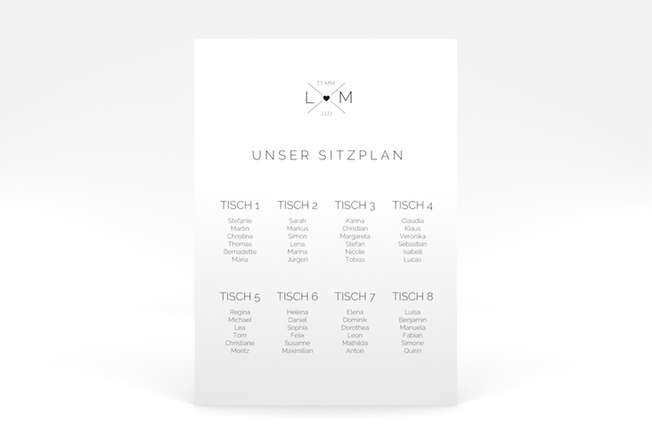 Sitzplan Poster Hochzeit Initials 50 x 70 cm Poster schwarz mit Initialen im minimalistischen Design