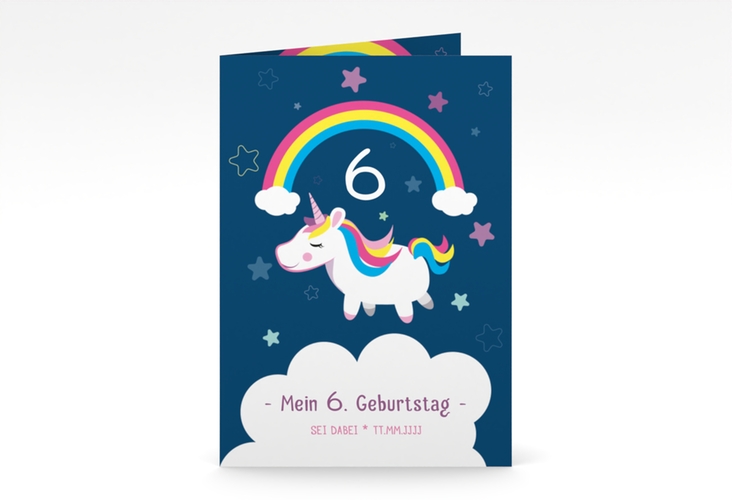 Einladungskarte Kindergeburtstag Unicorn A6 Klappkarte hoch mit Einhorn und Regenbogen