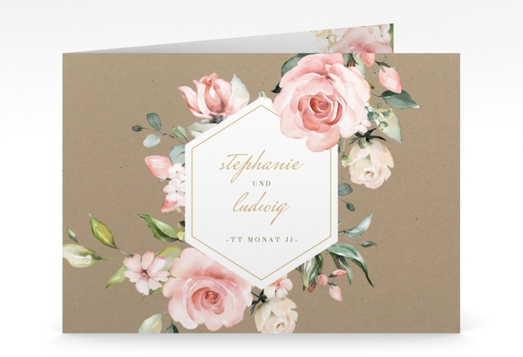 Hochzeitseinladung Graceful mittlere Klappkarte quer Kraftpapier mit Rosenblüten in Rosa und Weiß