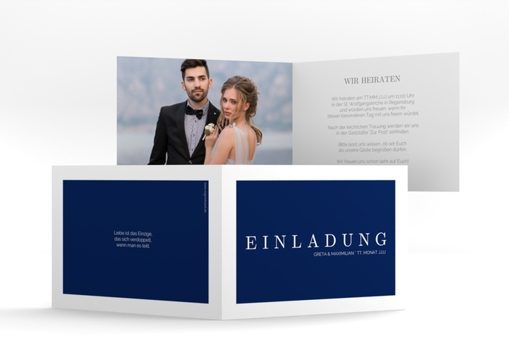 Hochzeitseinladung Simply A6 Klappkarte quer blau