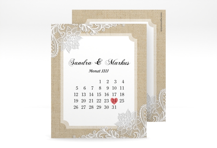 Save the Date-Kalenderblatt Lace Kalenderblatt-Karte beige hochglanz in Leinen-Optik mit weißer Spitze