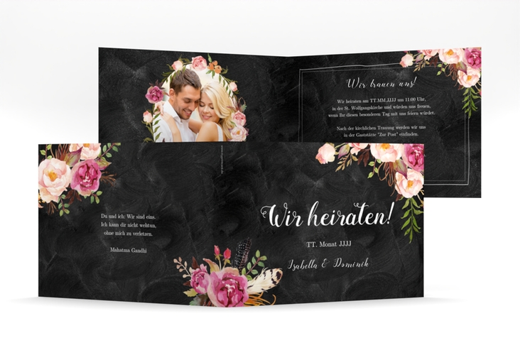 Hochzeitseinladung Flowers mittlere Klappkarte quer schwarz mit bunten Aquarell-Blumen