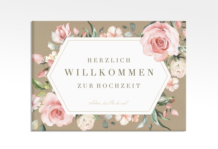 Willkommensschild Leinwand Graceful 70 x 50 cm Leinwand Kraftpapier mit Rosenblüten in Rosa und Weiß