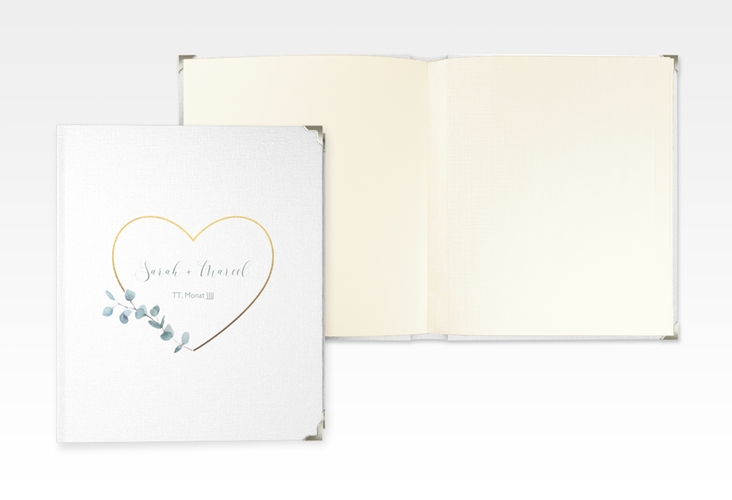 Hochzeitsalbum Greenheart 21 x 25 cm gold mit elegantem Herz und Eukalyptus-Zweig