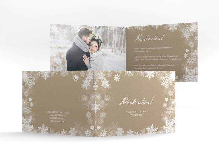 Dankeskarte Hochzeit Snowfall A6 Klappkarte quer mit Schneeflocken für Winterhochzeit