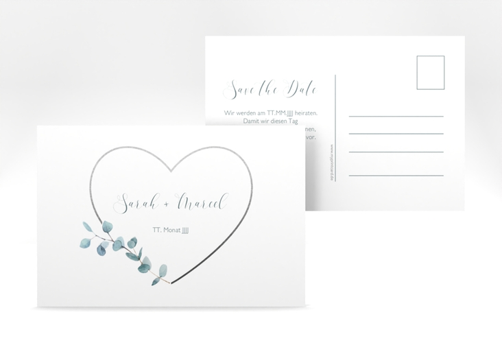 Save the Date-Postkarte Greenheart A6 Postkarte grau hochglanz mit elegantem Herz und Eukalyptus-Zweig