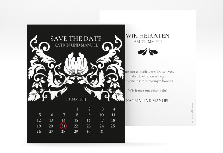 Save the Date-Kalenderblatt Royal Kalenderblatt-Karte schwarz mit barockem Blumen-Ornament