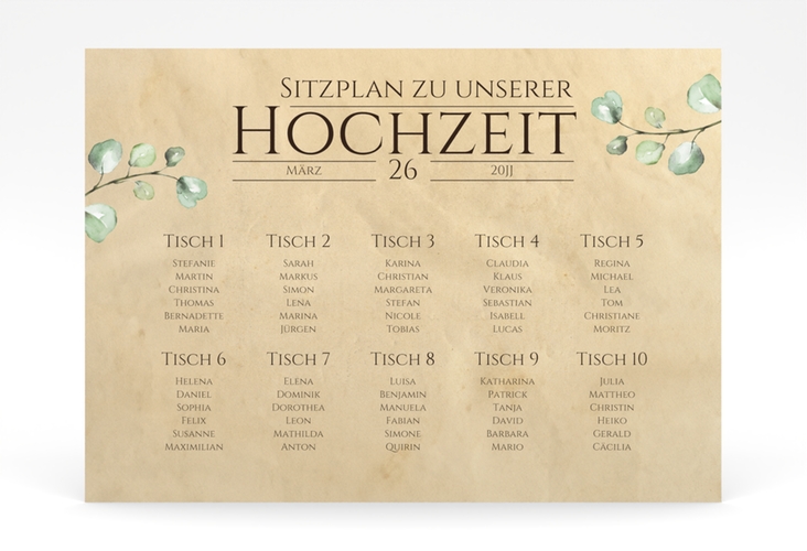 Sitzplan Poster Hochzeit Landhaus 70 x 50 cm Poster in Holz-Optik mit Eukalyptus