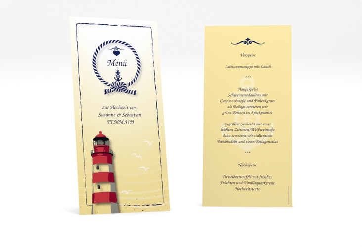 Menükarte Hochzeit Sylt lange Karte hoch gelb mit Leuchtturm