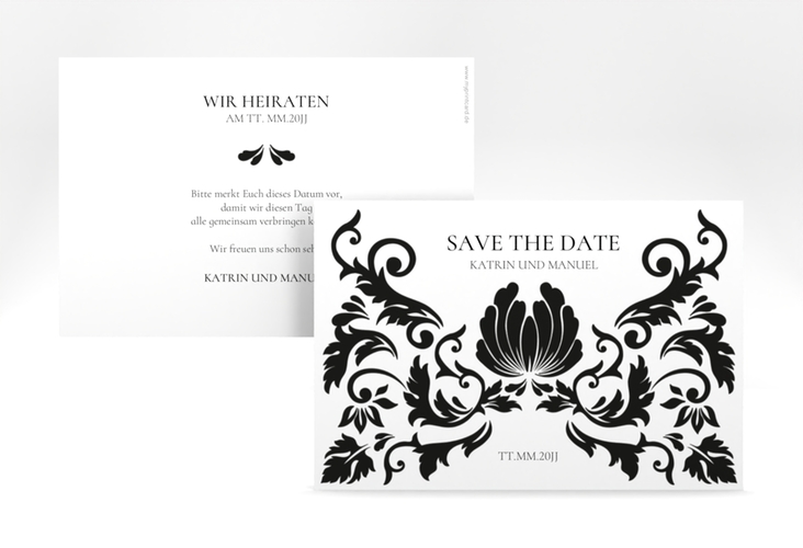 Save the Date-Karte Royal A6 Karte quer weiss hochglanz mit barockem Blumen-Ornament