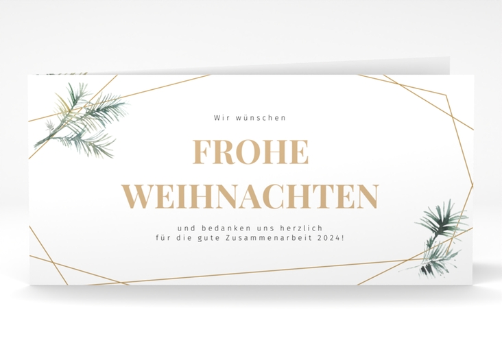 Geschäftliche Weihnachtskarte Edeltanne lange Klappkarte quer gold mit Tannenzweigen und edlem Goldrahmen