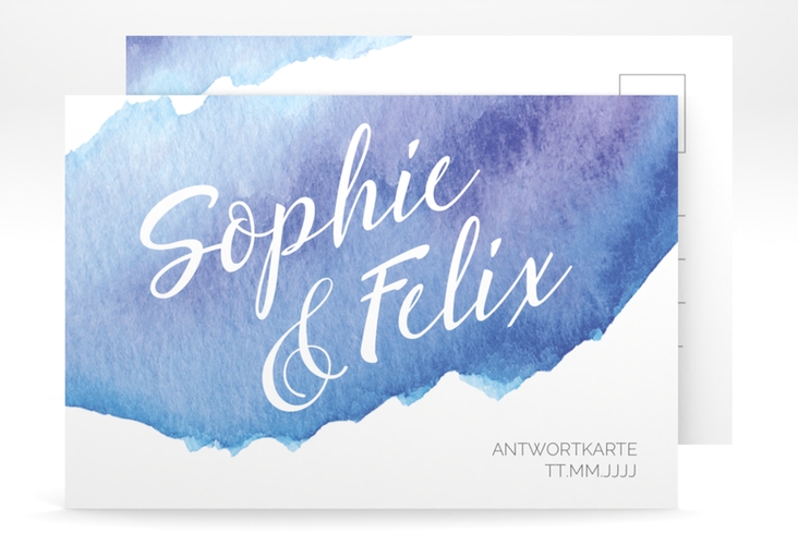 Antwortkarte Hochzeit Aquarella A6 Postkarte blau