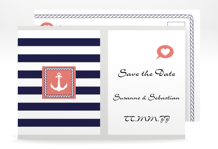 Save the Date-Postkarte Girona A6 Postkarte mit maritimen Streifen und Anker