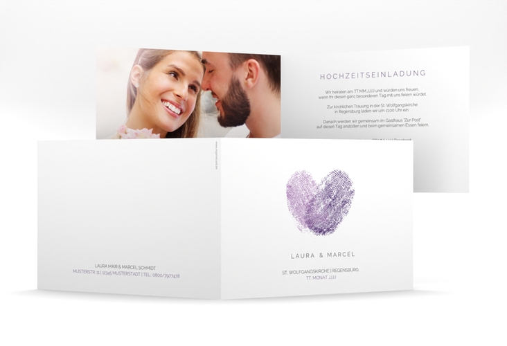 Hochzeitseinladung Fingerprint mittlere Klappkarte quer lila schlicht mit Fingerabdruck-Motiv