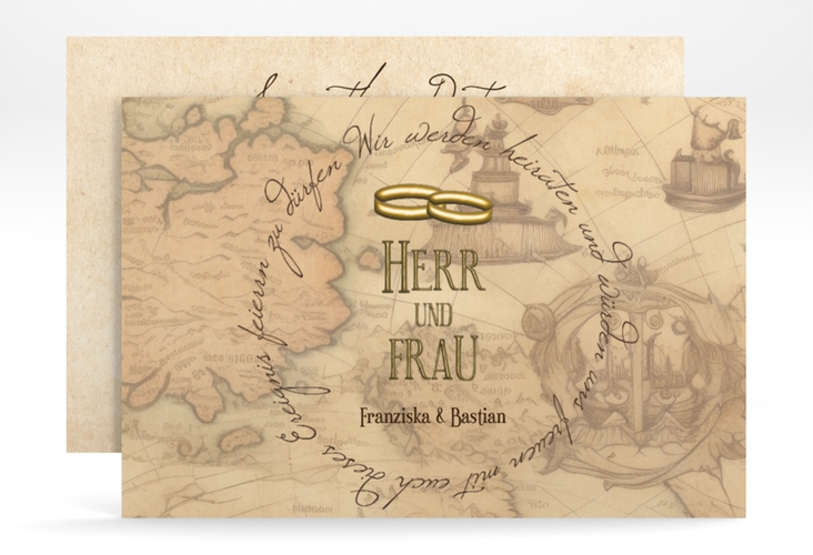 Save the Date-Karte Zwei Ringe A6 Karte quer mit Eheringen und Fantasy-Landkarte