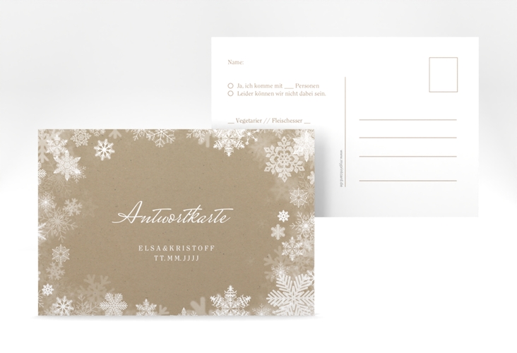 Antwortkarte Hochzeit Snowfall A6 Postkarte Kraftpapier mit Schneeflocken für Winterhochzeit