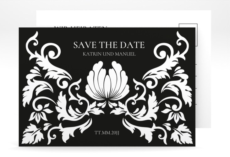 Save the Date-Postkarte Royal A6 Postkarte schwarz mit barockem Blumen-Ornament