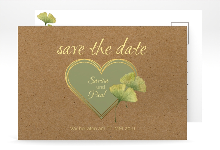 Save the Date-Postkarte Ginko A6 Postkarte mit Herz und zwei Ginkgo-Blättern