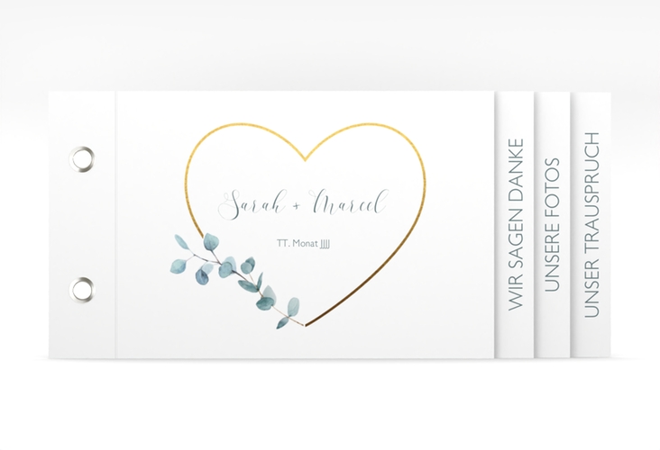 Dankeskarte Hochzeit Greenheart Booklet gold mit elegantem Herz und Eukalyptus-Zweig