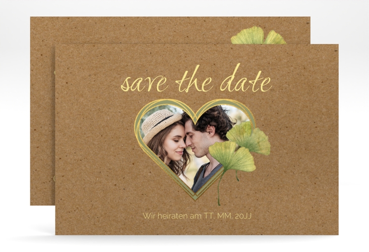 Save the Date-Karte Ginko A6 Karte quer mit Herz und zwei Ginkgo-Blättern