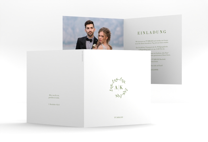 Hochzeitseinladung Filigrana quadr. Klappkarte gruen in reduziertem Design mit Initialen und zartem Blätterkranz