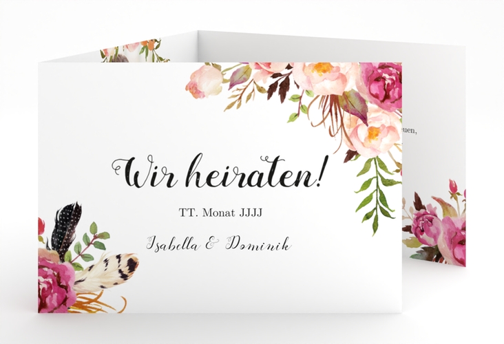 Hochzeitseinladung Flowers A6 Doppel-Klappkarte weiss mit bunten Aquarell-Blumen