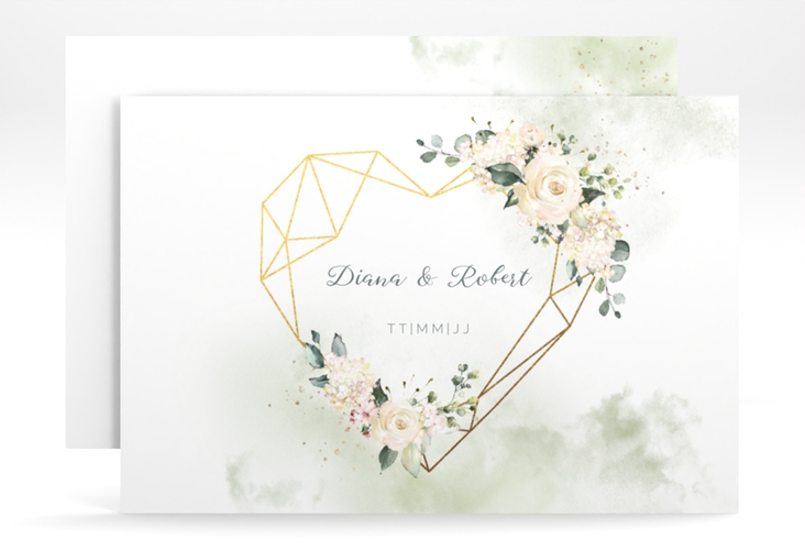 Save the Date-Karte Adore A6 Karte quer gruen mit geometrischem Herz und Rosen in Aquarell