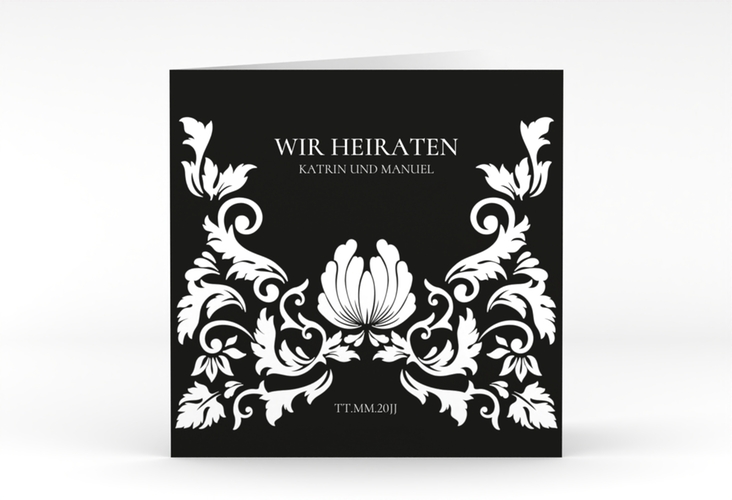 Hochzeitseinladung Royal quadr. Klappkarte schwarz hochglanz mit barockem Blumen-Ornament