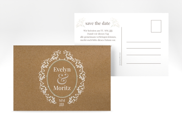 Save the Date-Postkarte Gypsophila A6 Postkarte im Vintage-Stil mit Blumenkranz aus Schleierkraut