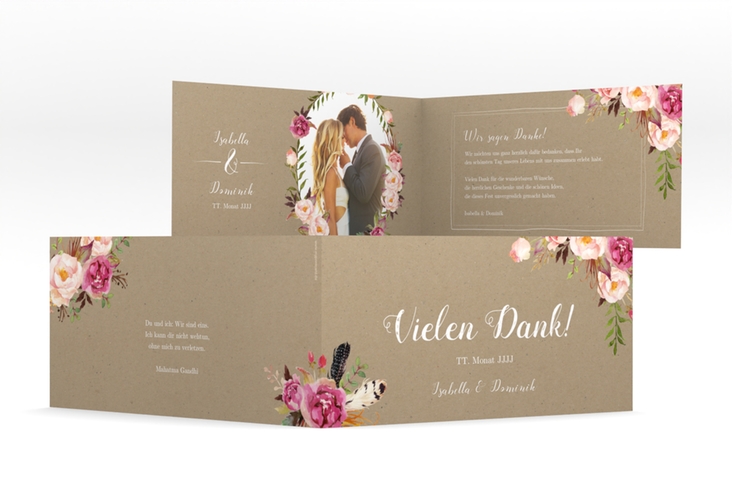 Danksagungskarte Hochzeit Flowers lange Klappkarte quer Kraftpapier mit bunten Aquarell-Blumen