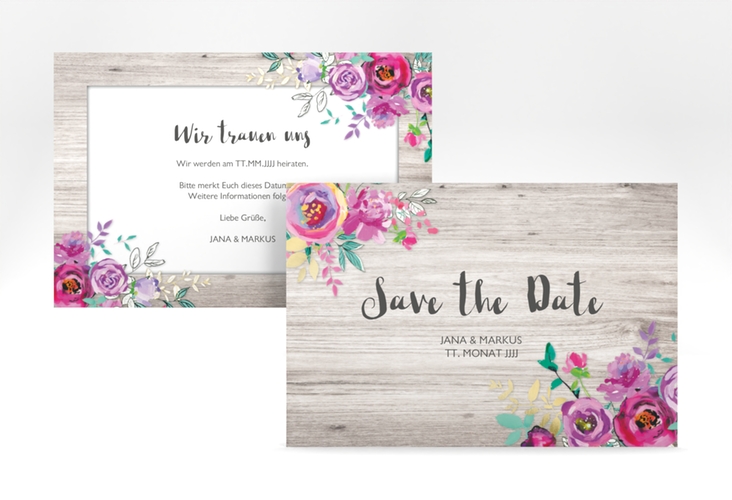 Save the Date-Karte Flourish A6 Karte quer weiss mit floraler Bauernmalerei auf Holz