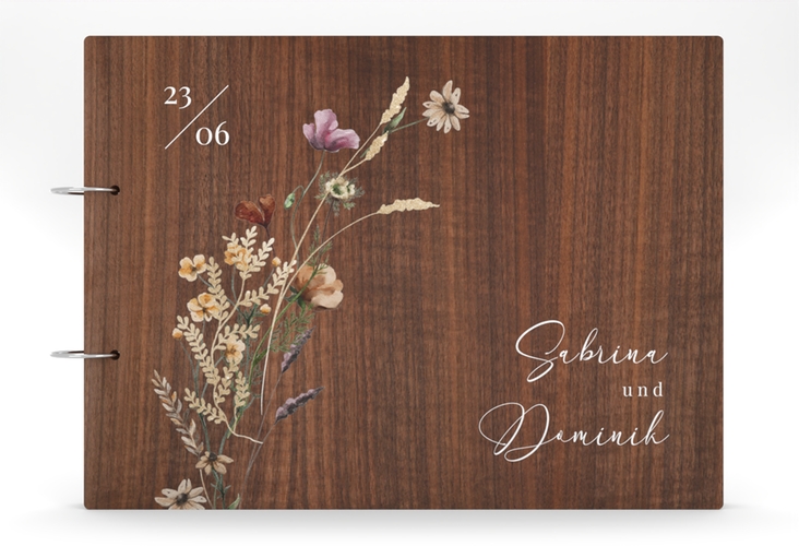 Gästebuch Holzcover Nussbaum Sauvages Holz-Cover, bedruckt mit getrockneten Wiesenblumen