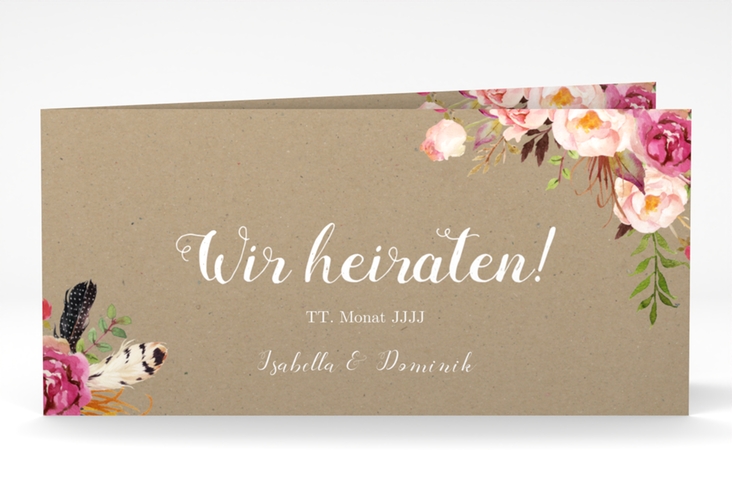 Hochzeitseinladung Flowers lange Klappkarte quer Kraftpapier mit bunten Aquarell-Blumen