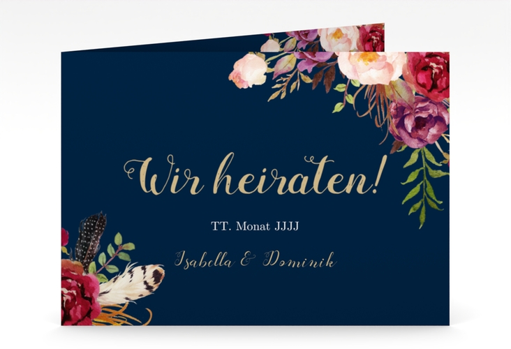 Hochzeitseinladung Flowers mittlere Klappkarte quer blau mit bunten Aquarell-Blumen