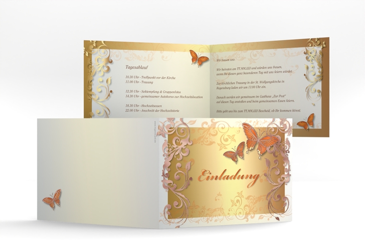 Hochzeitseinladung Toulouse A6 Klappkarte quer orange rosegold mit Schmetterlingen und Schnörkeln