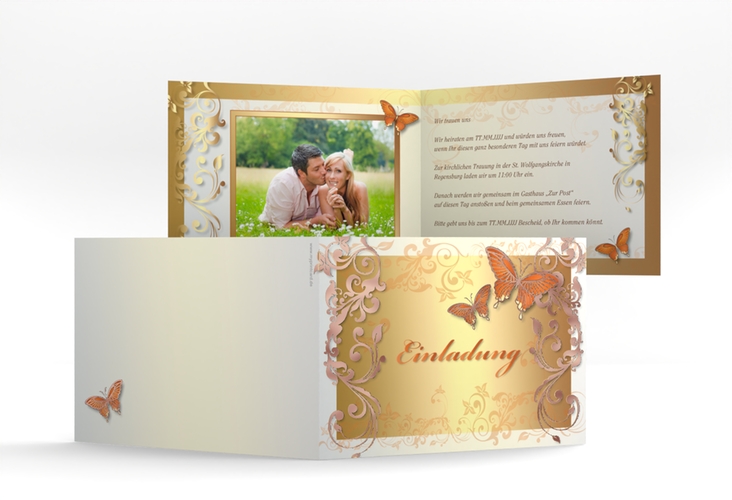 Hochzeitseinladung Toulouse A6 Klappkarte quer orange rosegold mit Schmetterlingen und Schnörkeln