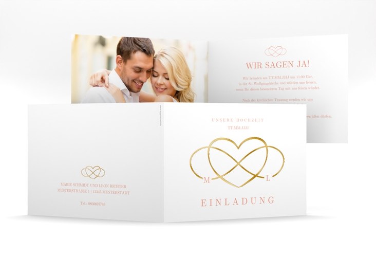 Hochzeitseinladung Infinity mittlere Klappkarte quer apricot gold