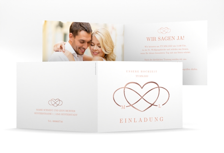 Hochzeitseinladung Infinity mittlere Klappkarte quer apricot rosegold