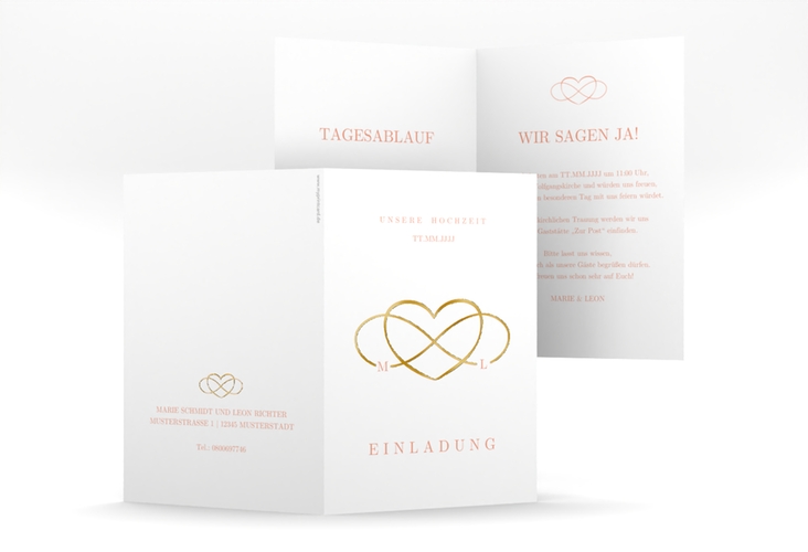 Einladungskarte Hochzeit Infinity A6 Klappkarte hoch apricot gold