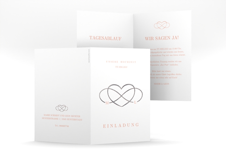 Einladungskarte Hochzeit Infinity A6 Klappkarte hoch apricot silber