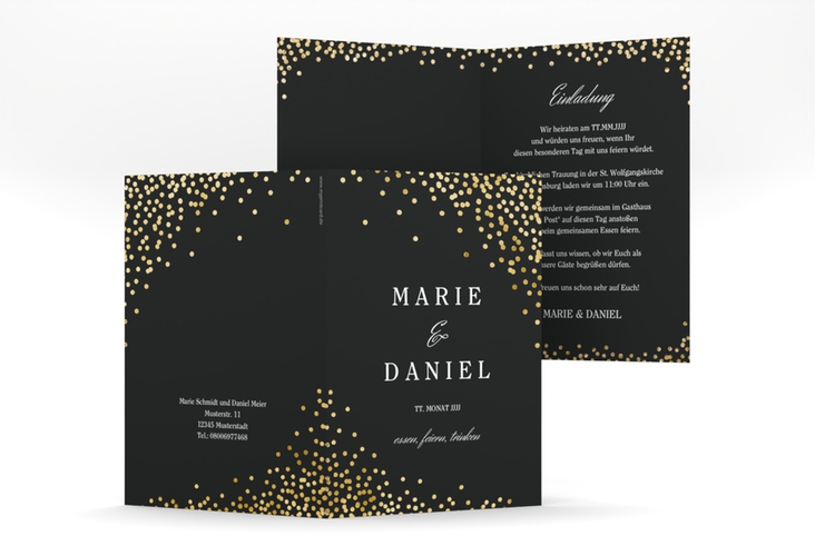 Einladungskarte Hochzeit Glitter A6 Klappkarte hoch schwarz gold