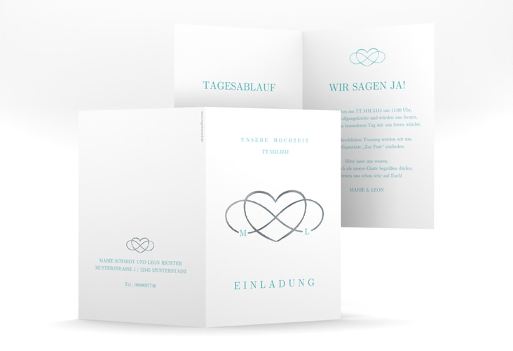 Einladungskarte Hochzeit Infinity A6 Klappkarte hoch tuerkis silber