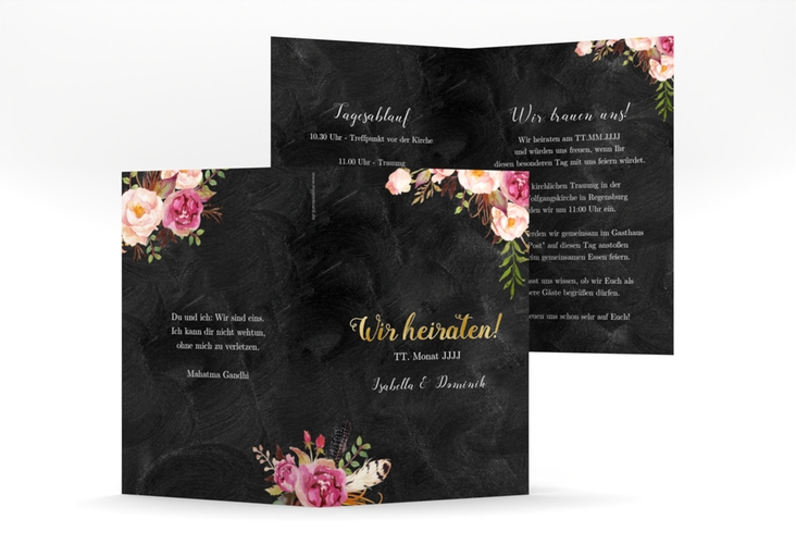 Einladungskarte Hochzeit Flowers A6 Klappkarte hoch schwarz gold mit bunten Aquarell-Blumen